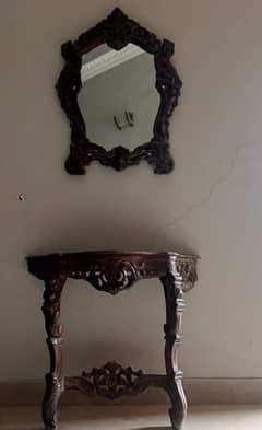 Antique Hand-Carved Wooden Mirror & Table Set