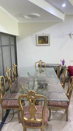 8 seater glass top wooden dining table
