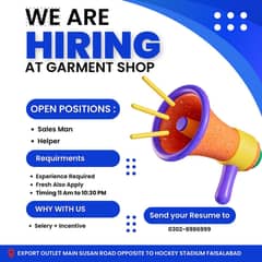 Salesman + Helper Required at Garment Shop