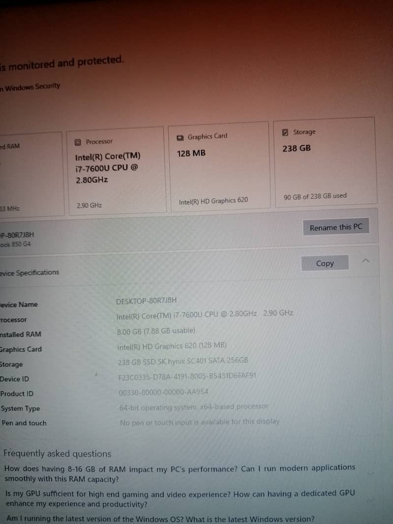 HP elitebook i7 7th generation 8,256 no graphics card installed. 4