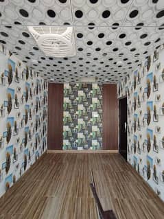 ceiling, wall panels ,wallpaper/ grass carpet/wooden floor