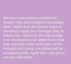 italy + poland + portugal work permits available