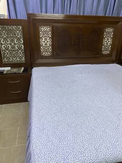 Brown Queen size bed with mattress,side tables and dressing table