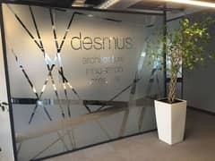 Glasspaper logo,stone panel,frosted paper,PVC molding,wooden floor,med