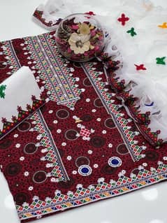 3 Pcs Women's Unstitched Cotton Embroidered Suit