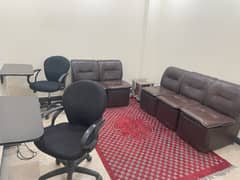 2 office chairs with 2 wall hanging desk table, 5 Sofa, corner table