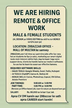 Part time and Full time Job available at ZRBazzar