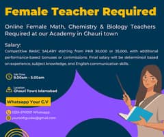 Online Female Math, Chemistry & Biology Teachers Required ghauri town