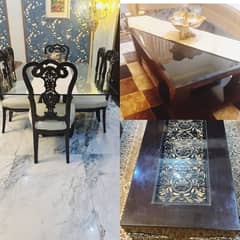 dinning-6 seater dinning table-glass top pure wooden-dinning-tables