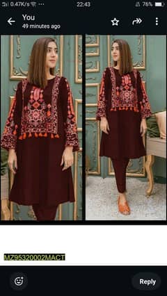 2 Pcs Women's Stitched Linen Embroidered Shirt And Trouser