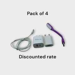 set of 4 usb c charger plus usb A charger, iphone cable, usb light