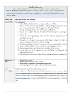 Manager Finance & Taxation