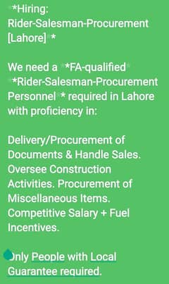 Rider-Sales-Procurement Personnel REQUIRED!