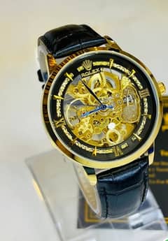 Leather Rolex Black Gold Automatic Skeleton watch