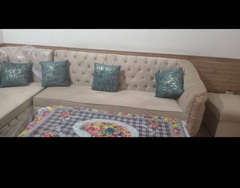 L Shape Sofa with cushions & 2 side tables 2
