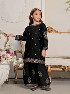 2 pcs girls silk embroidered kurta and trouser for sale