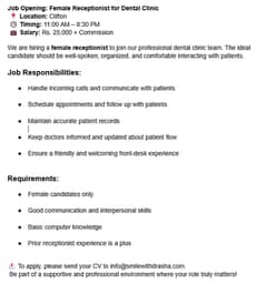 Female Receptionist for Dental Clinic