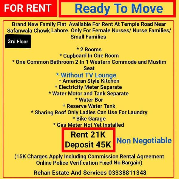 3rd Floor New Family Flat For Rent At Temple Road Near Safanwala Chowk 0