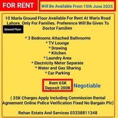 10 Marla Ground Floor Available For Rent At Waris Road Lahore