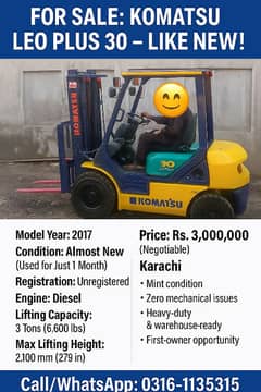 “Komatsu Forklift 3 Ton Diesel | 2017 Model | Only 1 Month Used – KHI
