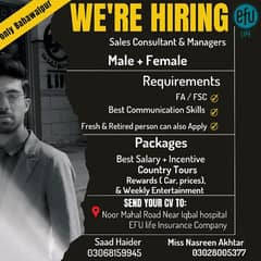 Urgent need staff for our company, male + Female only Bahawalpur