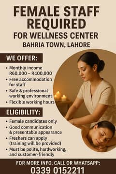 Female Staff Required for Wellness Center – Bahria Town Lahore