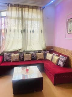 L shape sofa set with same design couch and table in red color