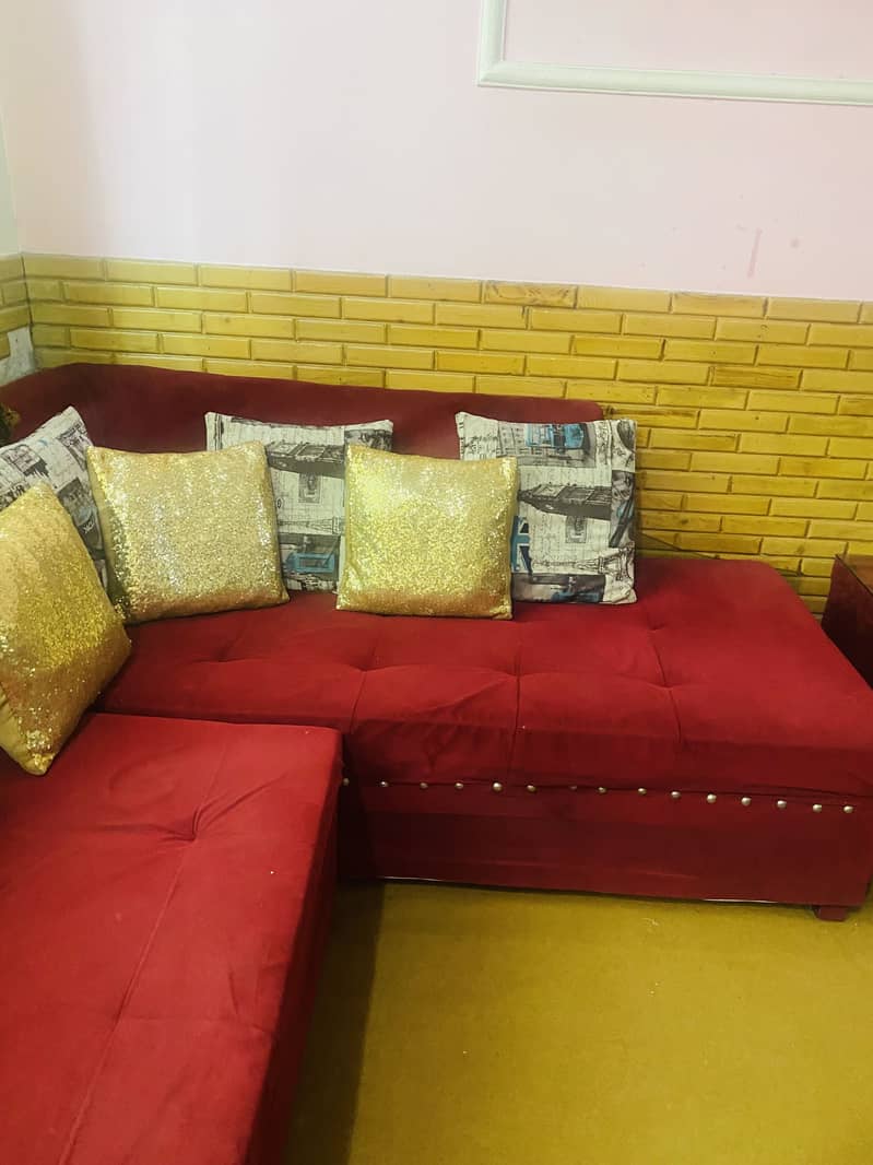 L shape sofa set with same design couch and table in red color 1