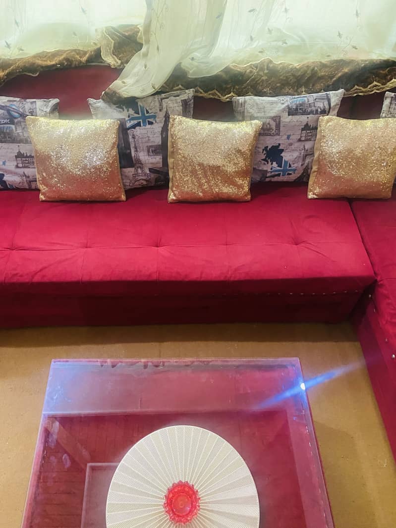 L shape sofa set with same design couch and table in red color 2