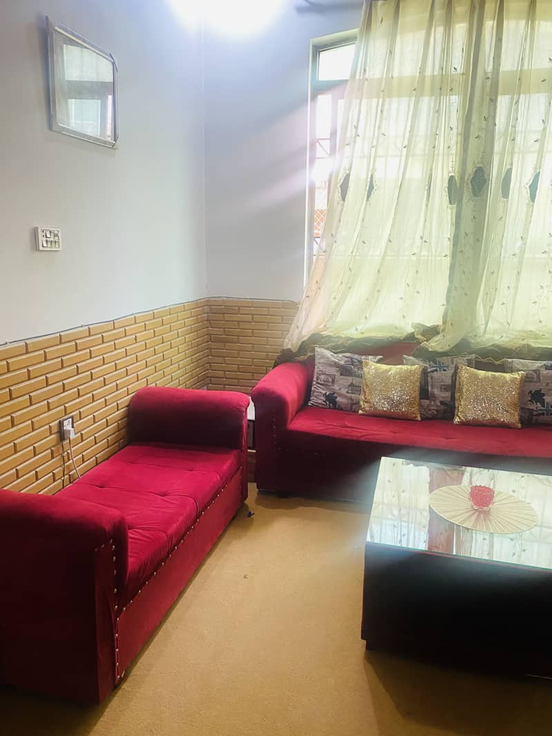 L shape sofa set with same design couch and table in red color 5