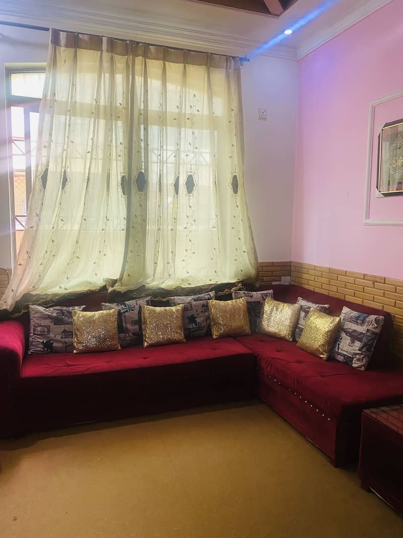 L shape sofa set with same design couch and table in red color 13