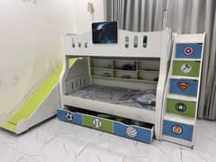 Kids bunk bed with slide and Dresser and study table | Triple bed