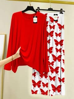 2 Pcs Women's Stitched Plain Night Suit