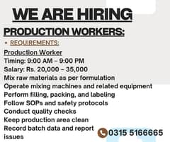 We Hiring Production Worker, Graphic Designer, Order Bookers