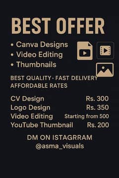 Logos , Thumnails , CV , Video Editing.