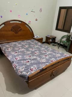 Queen size wooden bed with 2 side tables & mattress