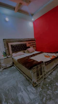 Bed and side table with mattress