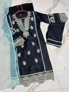 3 Pcs Girl's Raw Silk Embroidered Kurta And Trouser