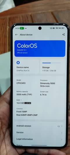OnePlus Ace 2v 16GB RAM 256GB ROM dimensty 9000