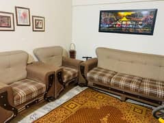 7 SEATER SOFA SET (FABRIC JUET / WOODEN) FOR SALE