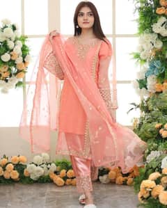 Embroidered Organza Women’s Suit Set- 3 PcS in Peach
