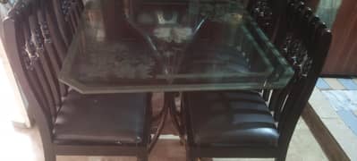 Glass Dining Table with Iron Stand & 4 Wooden Chairs