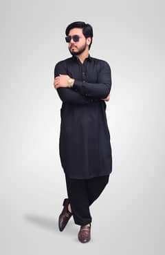 French Collar Stitched Shalwar Suit Premium Black