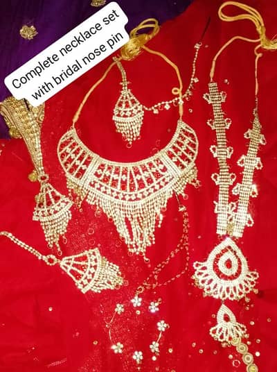 "Bridal Barat Necklace Set with Nose Pin | Golden Red | One-Time Used"