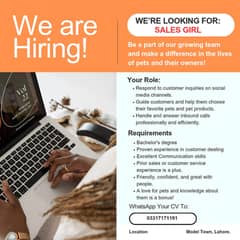 Job Opening: Sales Girl – Pet Tree (Lahore-Based)