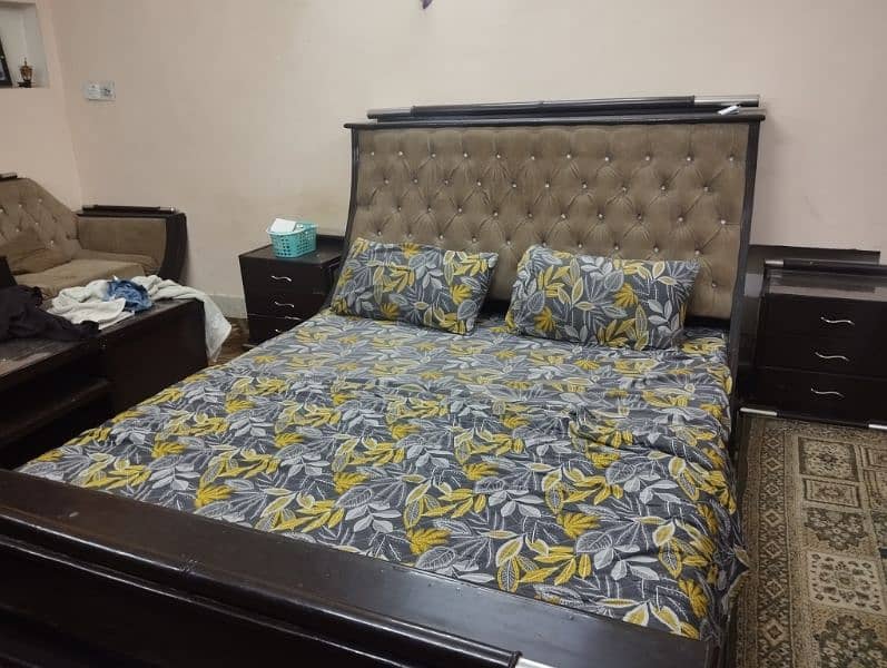 king bed without mattress with 2 side tables and one table 3 in one 1