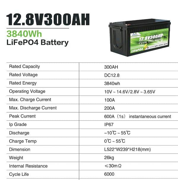 12.8 Volts and 300 Ampere Lithium Battery (3.8 KWH) 0