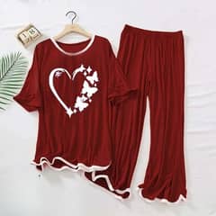 2 piece heart printed fleece night suit for women