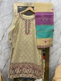 3 PCs Embroidered Ready-to-Wear Suit – Beige (Cotton Net)