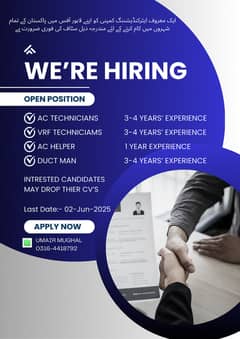 URGENTLY HIRING AC STAFF TECHNICIANS AND HELPERS